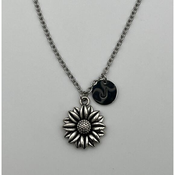 Silver Tone Sunflower Flower Pendant Necklace with Initial J Charm Jewelry - Picture 1 of 7